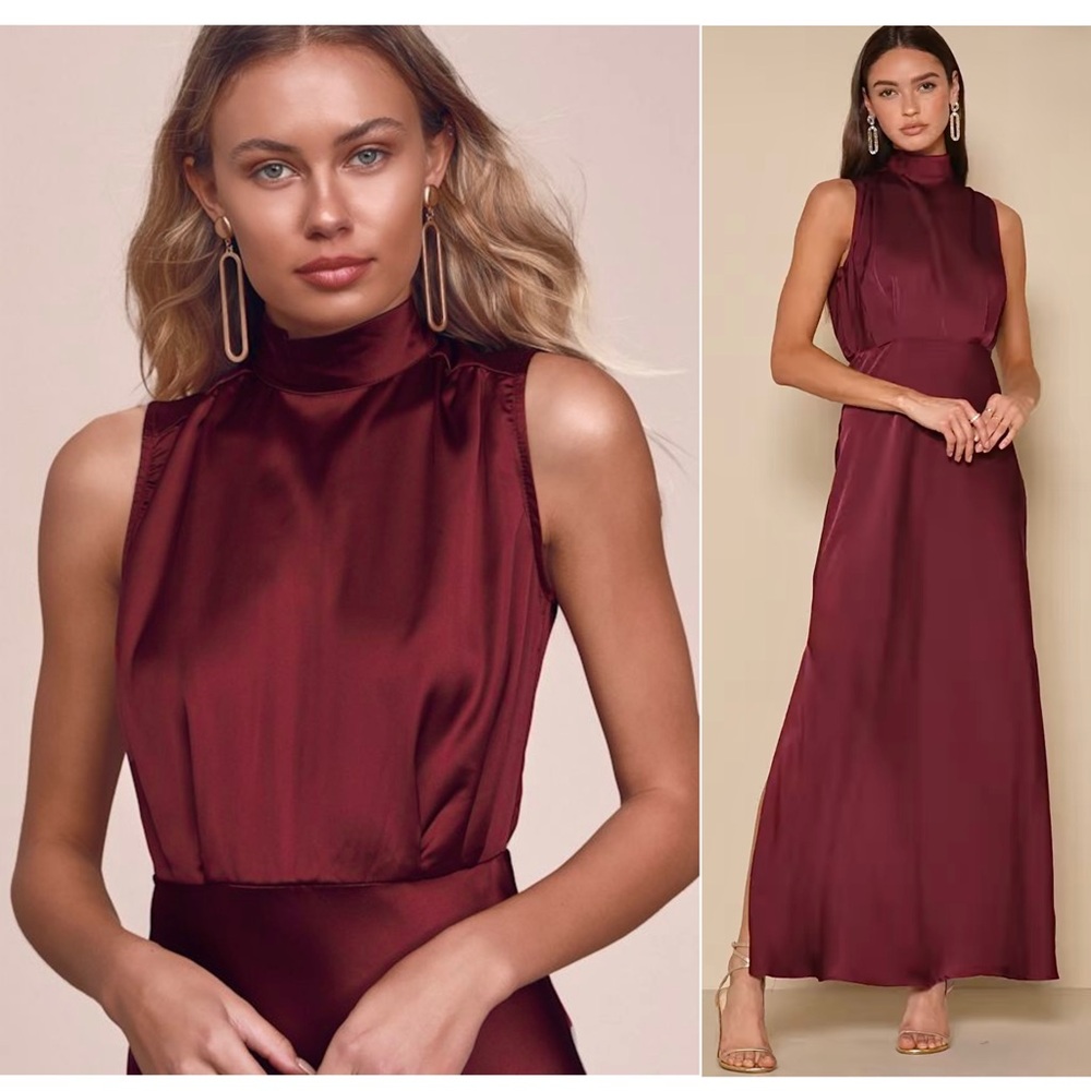 NWT LULUS Burgundy Satin Mockneck Sleeveless Formal Wedding Guest Maxi Gown XL - Picture 8 of 9